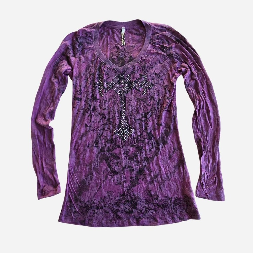VTG y2k alt grunge embellished cross long sleeve sheer graphic tee / SM / rocker